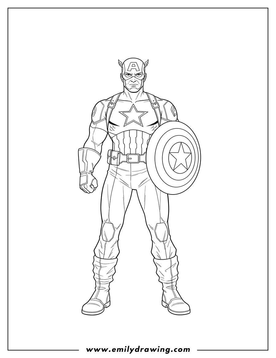 Printable line art of detailed Captain America standing, holding Vibranium Shield