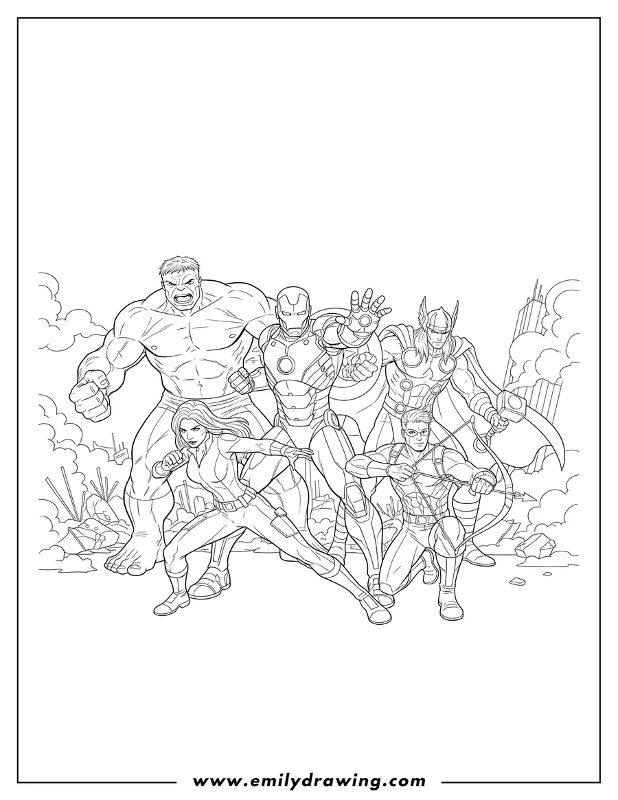 Downloadable coloring page of captain America, Hulk, Iron Man, Thor, Black Widow, and Hawkeye in action poses, with Iron Man aiming, Captain America's shield ready, and Hulk standing tall