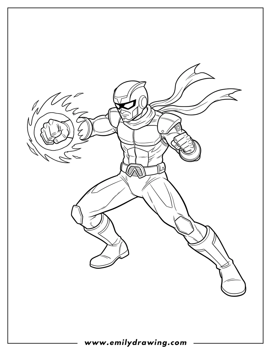Downloadable coloring page of captain Falcon Outline, wearing his iconic helmet and scarf, in a dynamic action pose