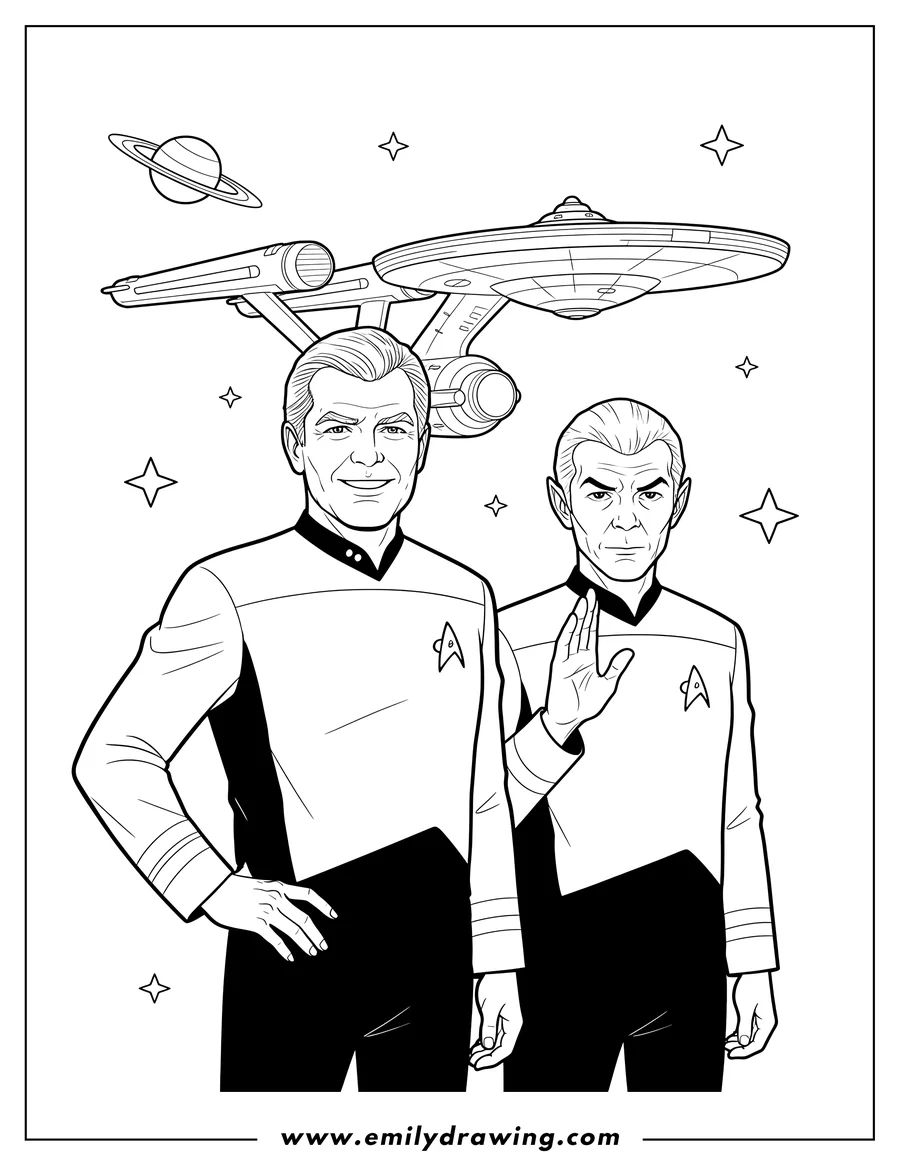Printable line art of star Trek Movies, original crew featuring Captain Kirk and Spock, standing together with the USS Enterprise