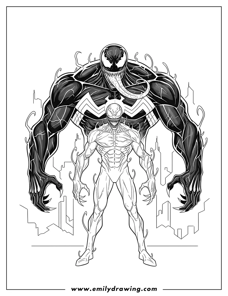 Coloring page for kids: detailed Carnage standing in front of Venom with a long tongue