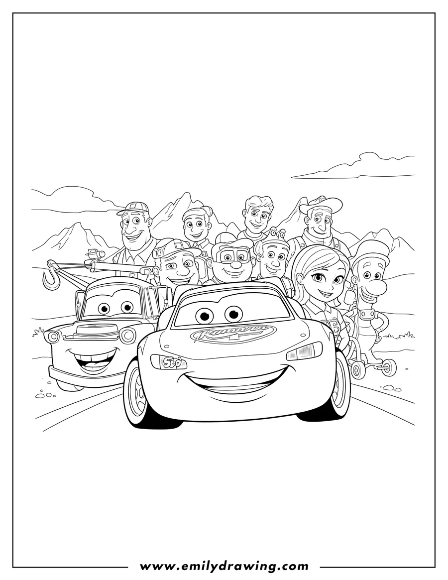 Printable line art of detailed Cars Poster of Lightning McQueen, Mater, and friends smiling together