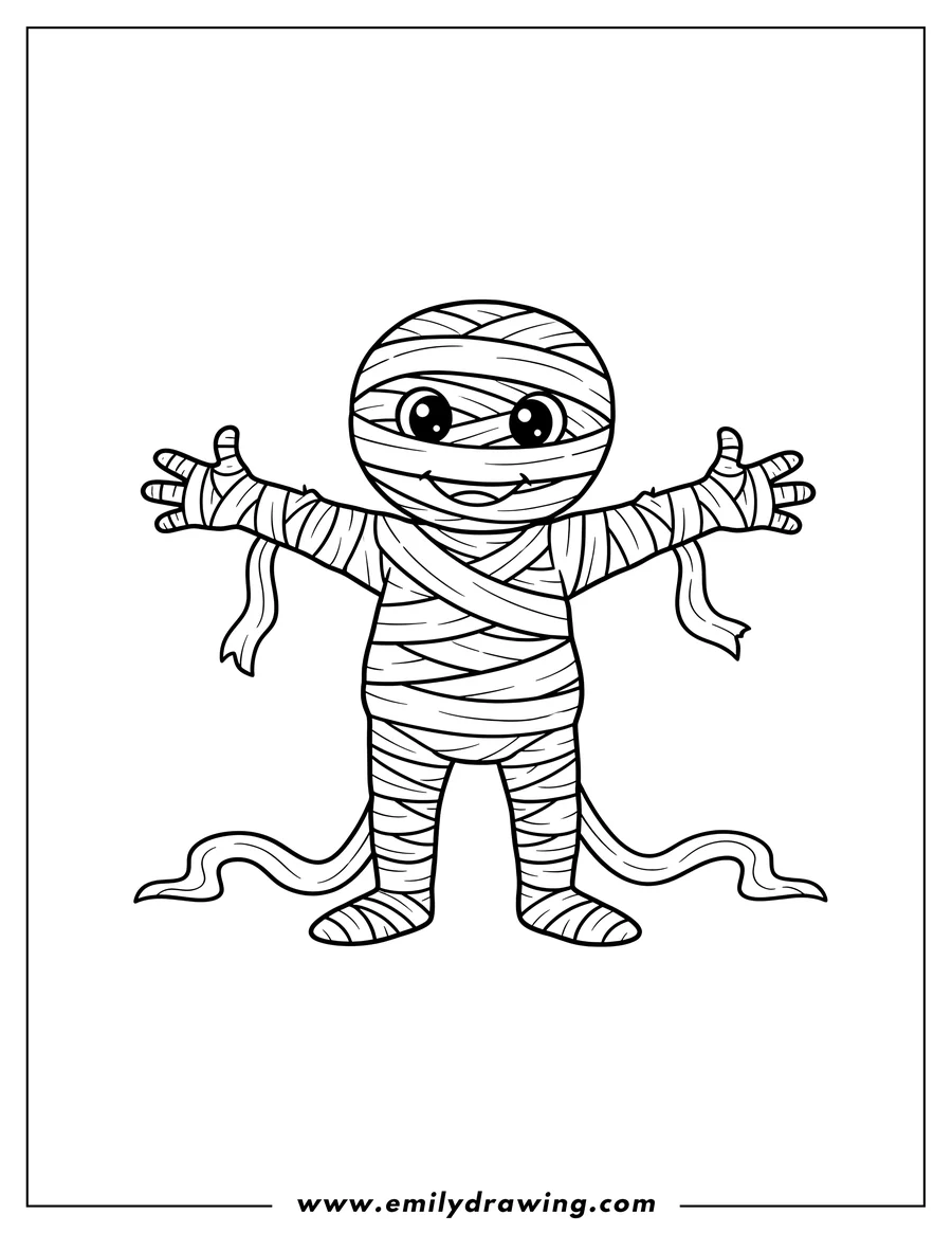 Linear illustration of detailed Cartoon Mummy standing with arms outstretched and wrapped in bandages