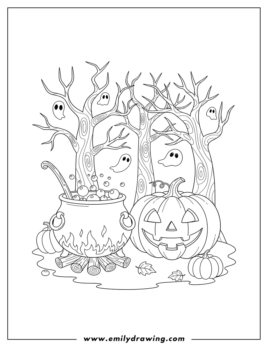 Linear illustration of carved Jack O Lantern and bubbling witch's cauldron with a spoon, haunted forest