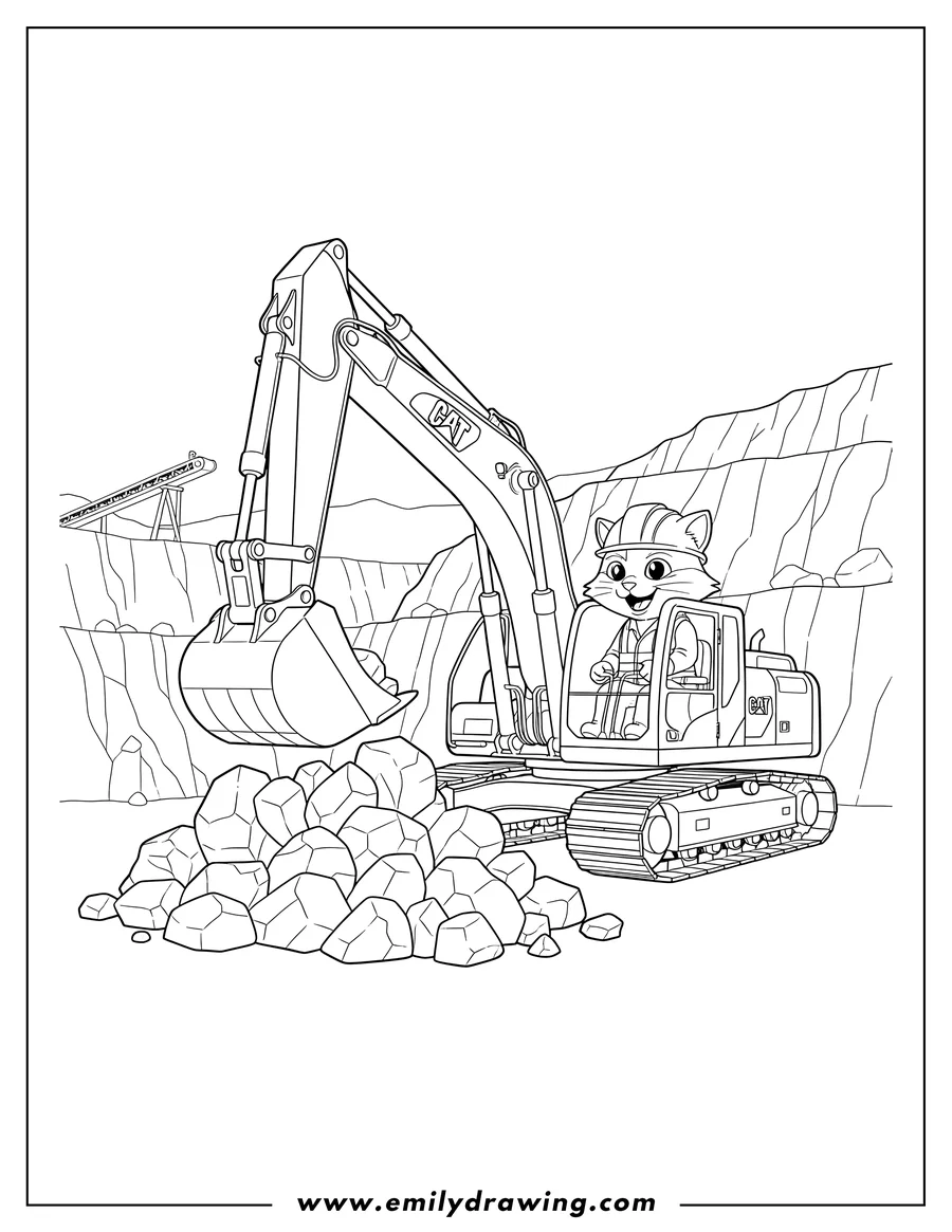 Linear illustration of cat excavator digging with its bucket in a quarry