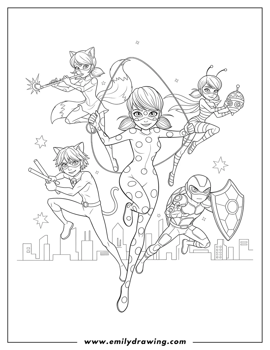 Coloring page of cat Noir, Rena Rouge, Queen Bee, Carapace, and Miraculous Ladybug in action poses