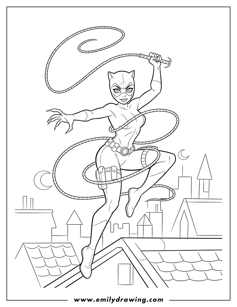 Full page coloring image of catwoman in a dynamic pose, showing claws, with a whip coiled around her on a rooftop