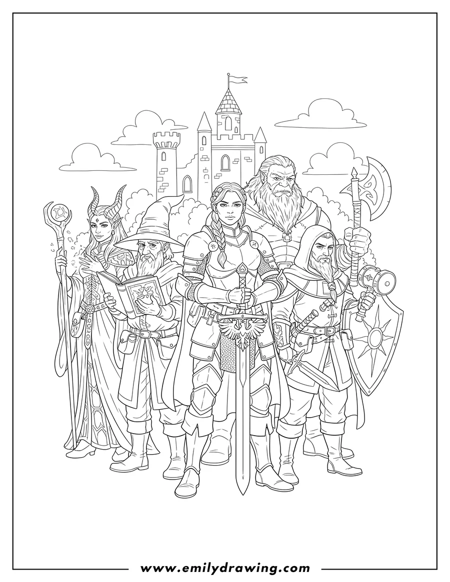 Free printable coloring sheet of detailed Dungeons And Dragons Characters Poster of a diverse fantasy adventuring party, standing together with various weapons and armor