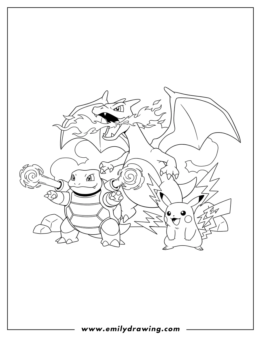 Full page coloring image of charizard roaring with fire, Blastoise ready to attack, and Pikachu sparking with lightning