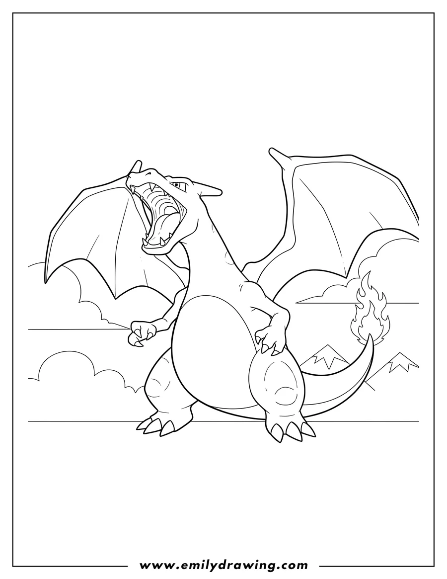 Black and white line art of charizard roaring with wings spread