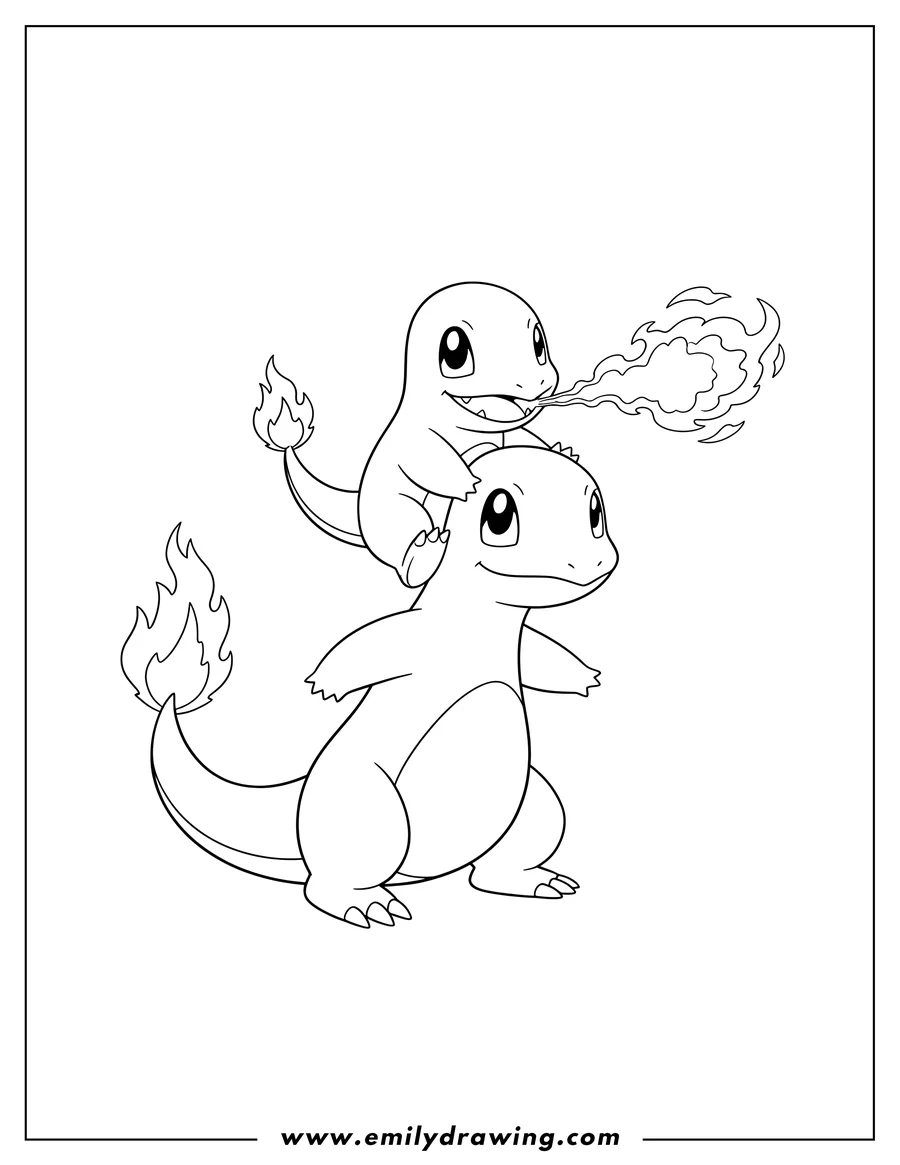 Printable coloring page of charmander Sitting On Charmeleon S Shoulders, Charmander breathing fire, Charmeleon with a fiery tail