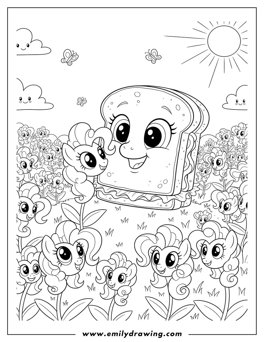 PDF style coloring page: cheese Sandwich With Pinkie Pie Flower Field, nuzzling