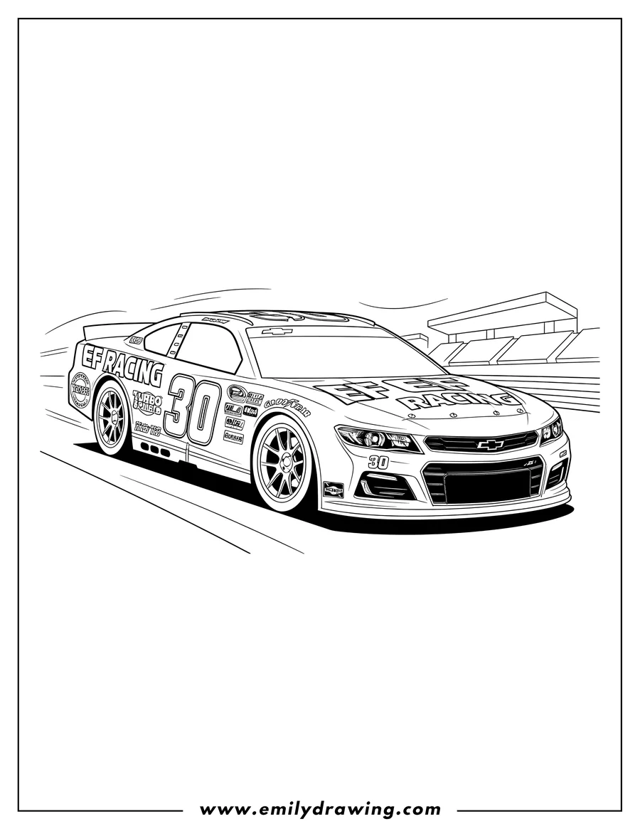 Full page coloring image of detailed Chevy Nascar #30 EF RACING car racing