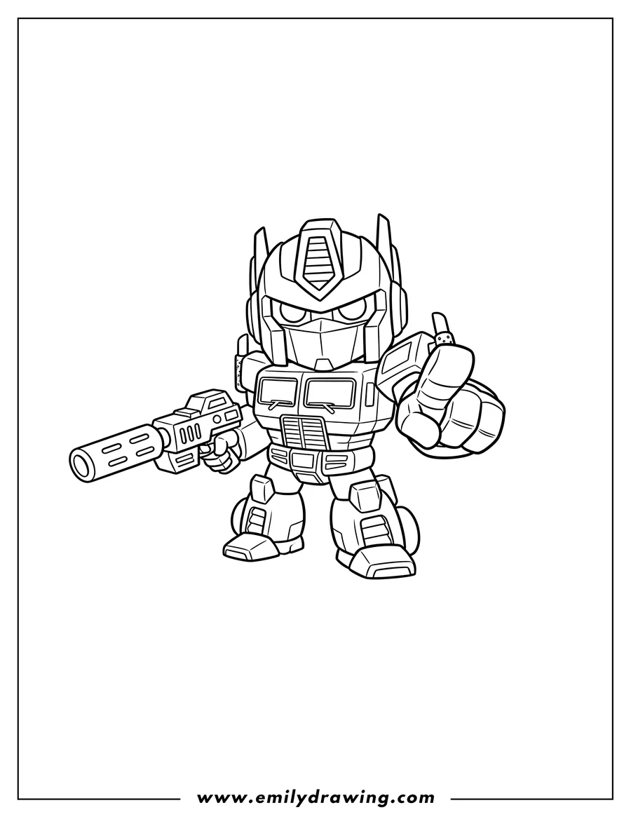 Free to print drawing of detailed Chibi Optimus Prime Pointing Finger, holding a blaster