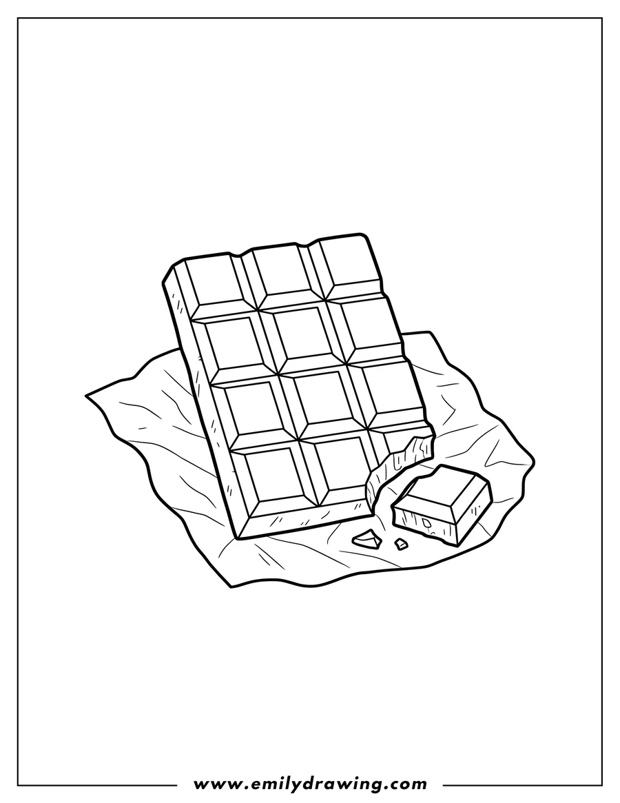 Free to print drawing of chocolate Block, unwrapped, with a piece broken off