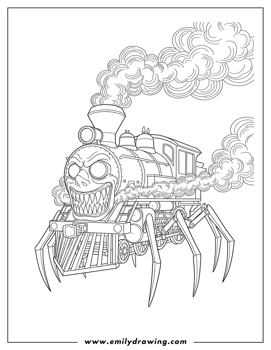 Outline drawing of choo Choo Charles, with monstrous fanged face and spider legs, blowing smoke