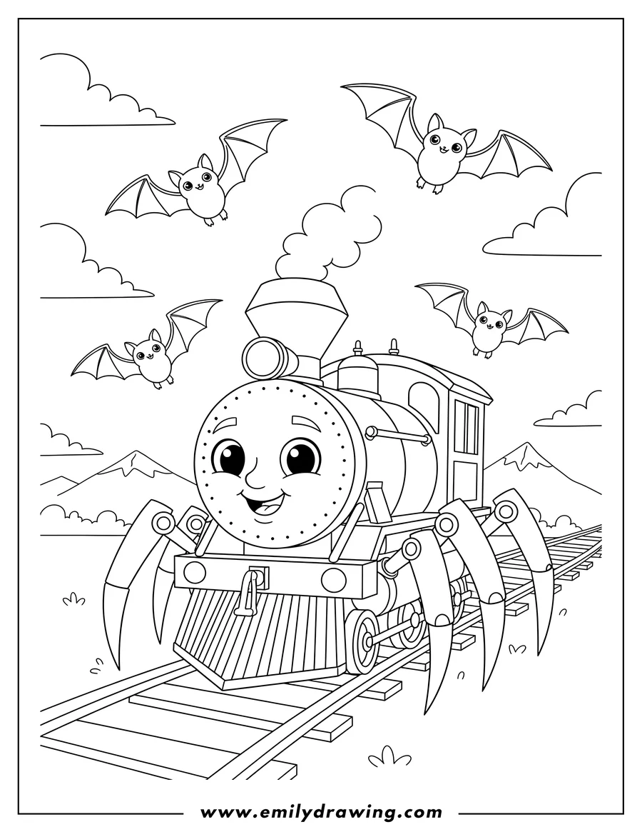 Black and white line art of choo Choo Charles Video Games, a spider-legged train on tracks with bats flying