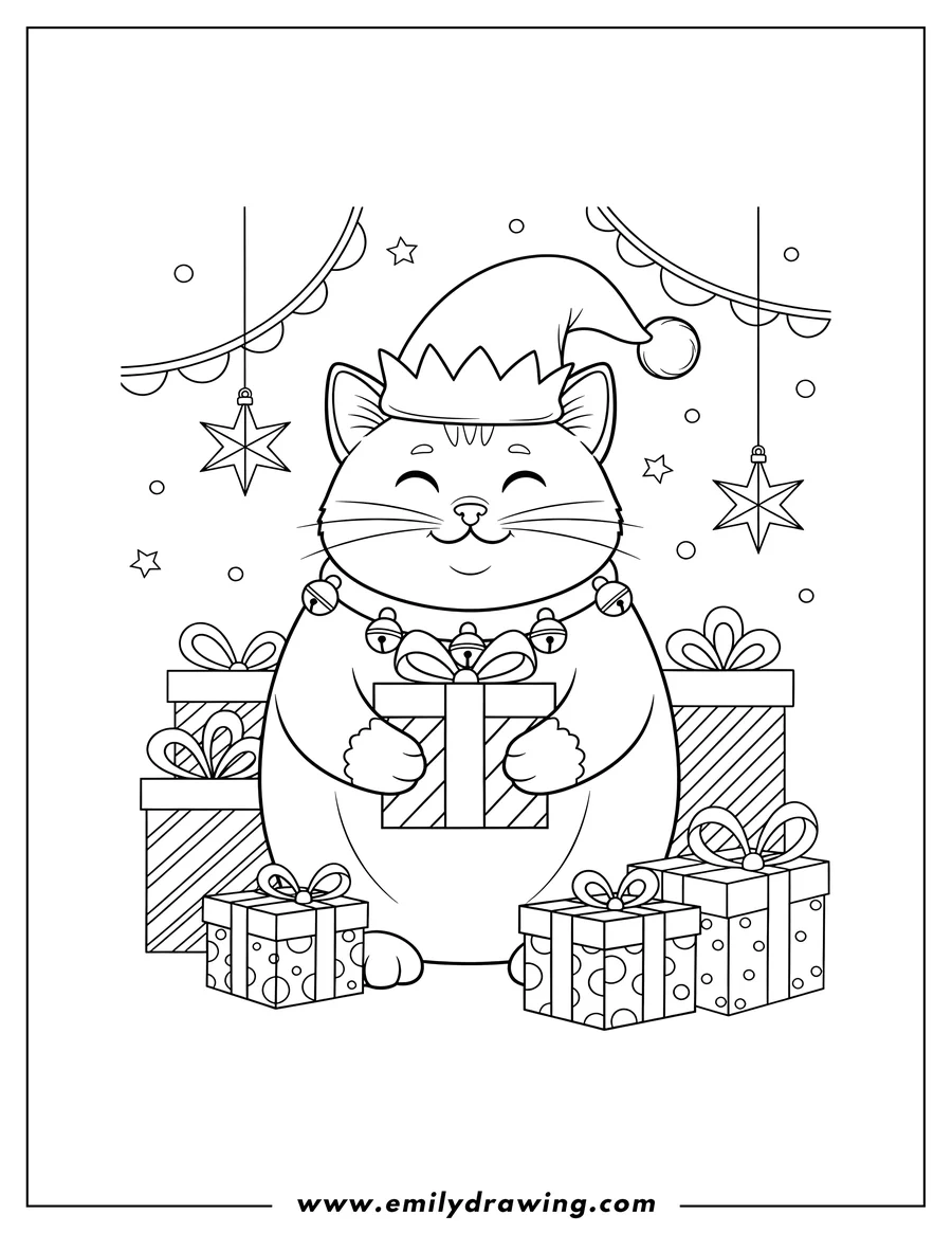 PDF style coloring page: christmas Cat wearing an Elf Hat and collar, holding a gift, surrounded by more holiday gifts