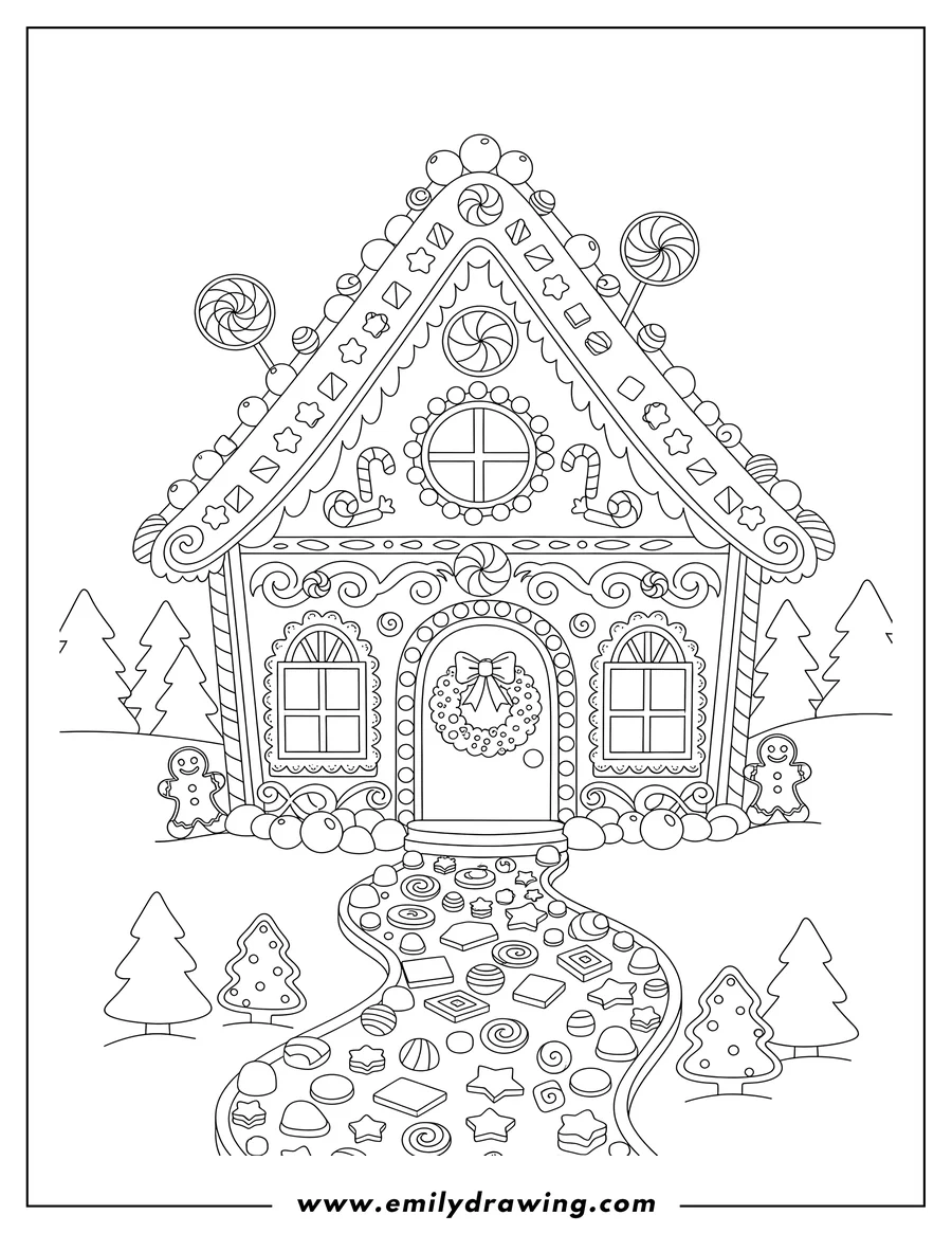 Outline drawing of detailed Christmas Gingerbread House To Color Scaled, decorated with candy, icing, a wreath, and a candy path leading to the door