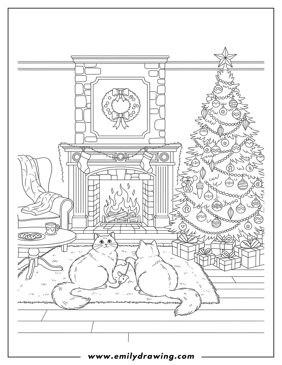 Printable line art of detailed Christmas Living Room with Two Cats Sitting in Front of Fireplace and Christmas Tree