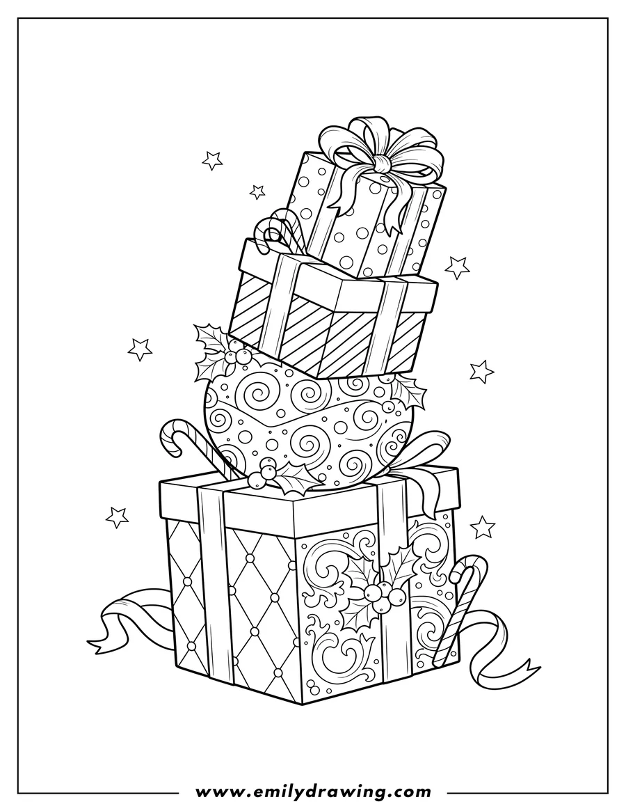Outline drawing of stack of detailed Christmas presents with various patterns, candy canes, and holly berries to color