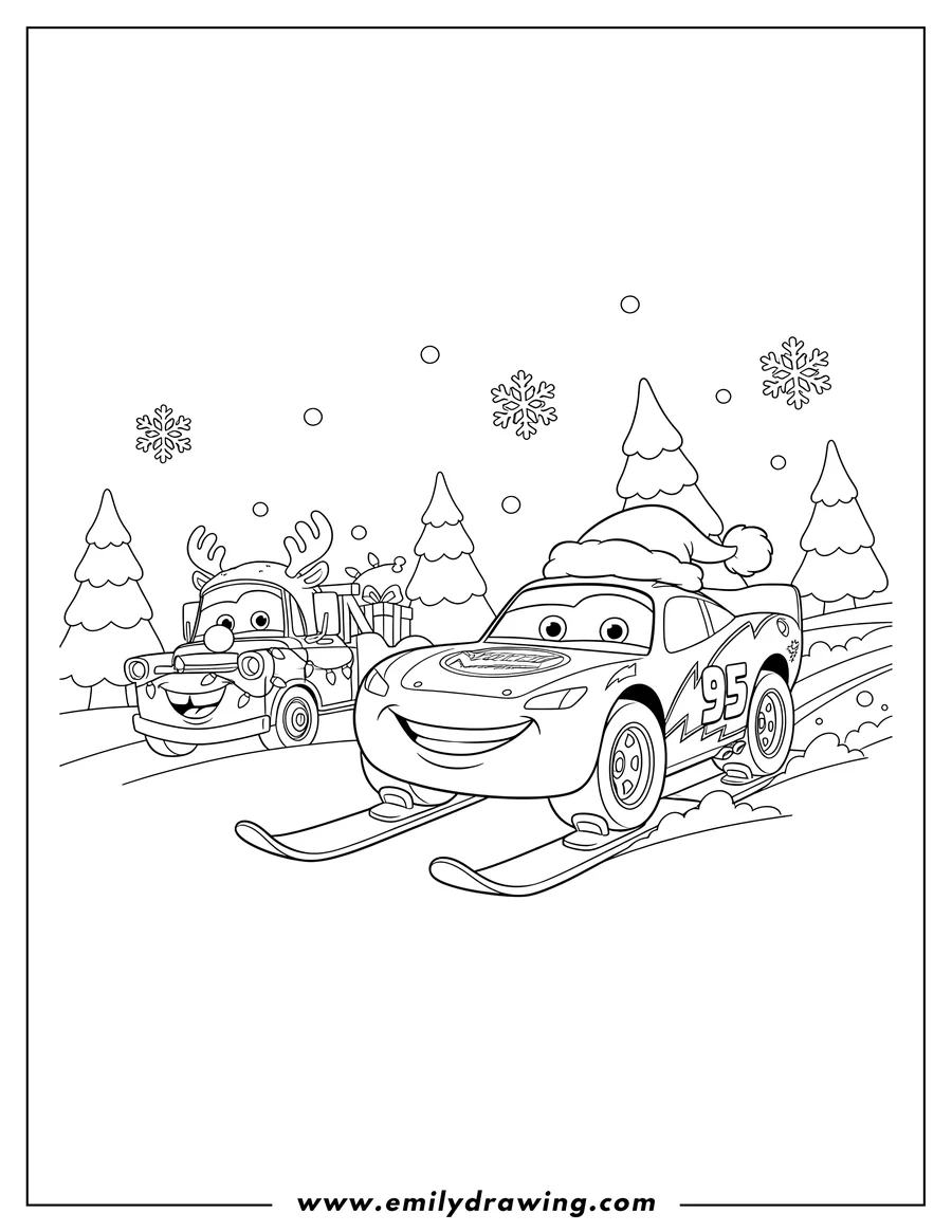 Coloring page of christmas themed Lightning McQueen and Mater, with Mater wearing a reindeer hat and Lightning McQueen on skis with a Santa hat