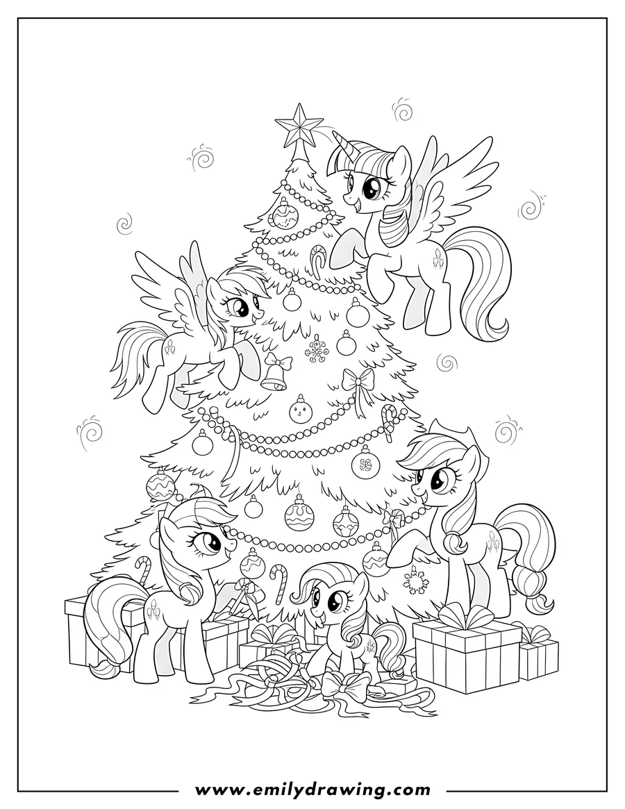 Clean line drawing: christmas Themed My Little Pony characters decorating a Christmas tree to color