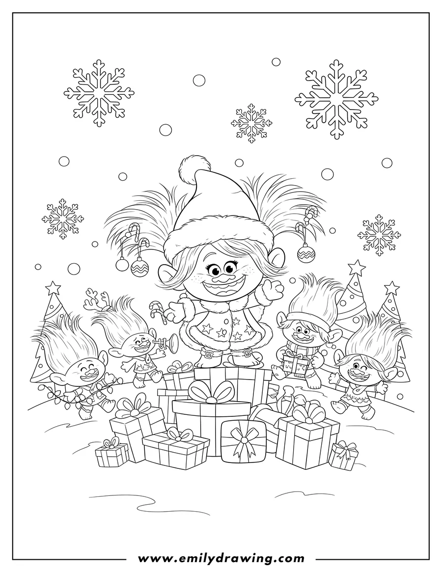 Printable line art of christmas Themed Trolls, featuring Poppy and Branch among other Trolls, with falling snowflakes