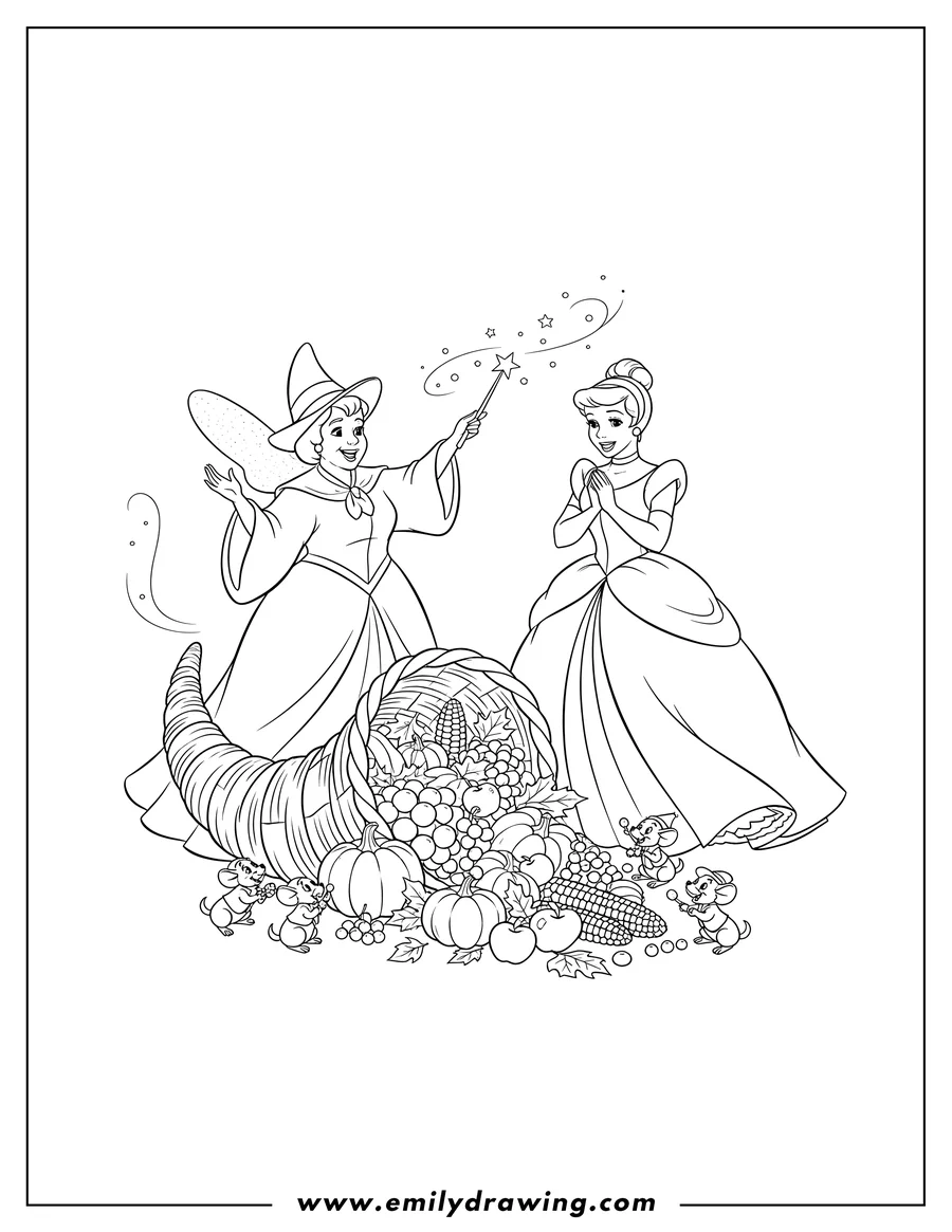 Outline drawing of cinderella and Fairy Godmother with a magical Thanksgiving cornucopia, as the Fairy Godmother waves her wand, Cinderella watches, and mice gather around