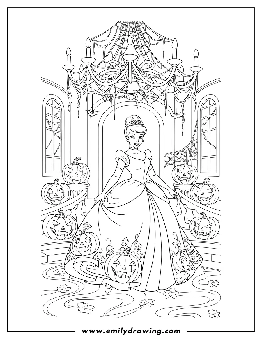 Doodle style coloring picture of cinderella Disney posing gracefully in a Halloween Ballroom with chandeliers, cobwebs, and Jack O Lanterns