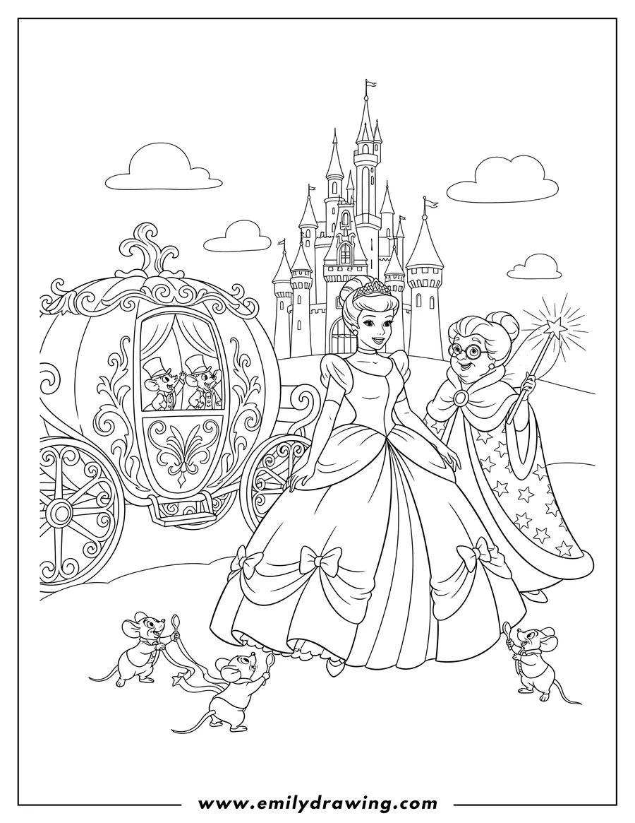 Outline drawing of cinderella in a ball gown with pumpkin coach, fairy godmother holding a magic wand, castle, and mice