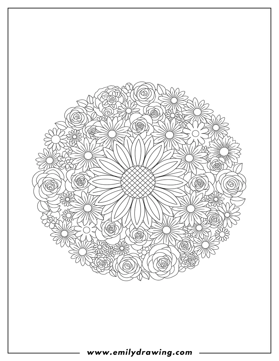 Simple sketch of intricate circular flower mosaic with striped petals to color