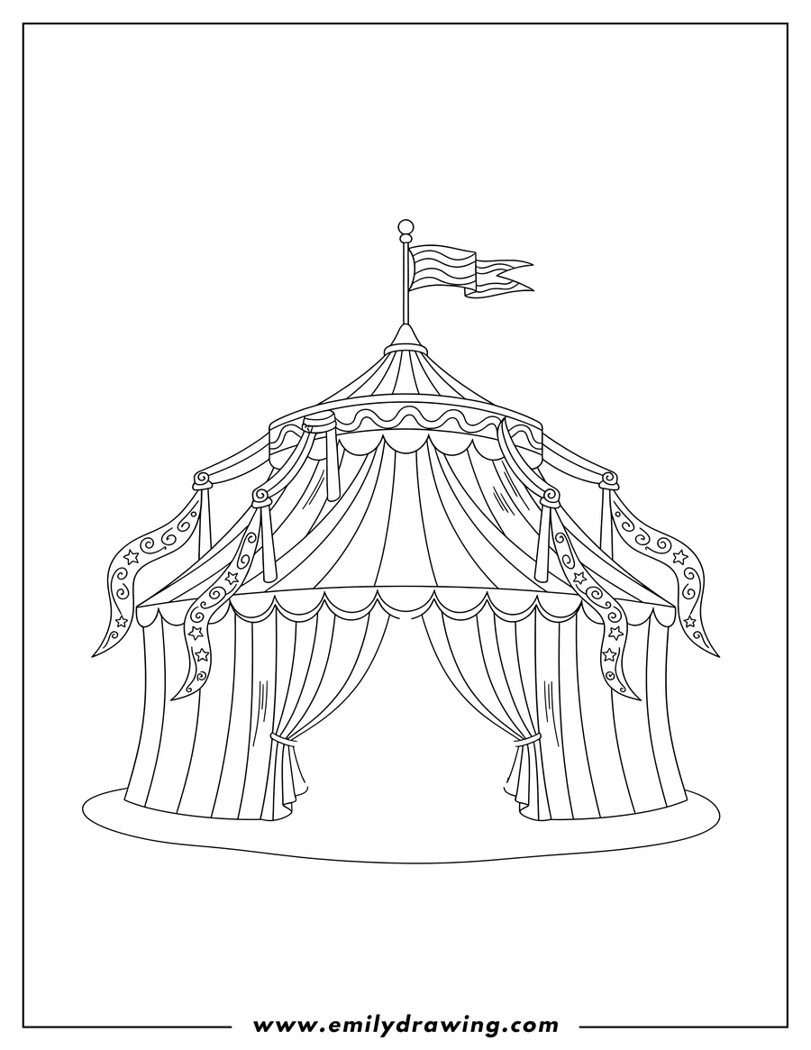 Coloring sheet featuring detailed Circus Tent With Banners, a flag on top, and an entrance with curtains