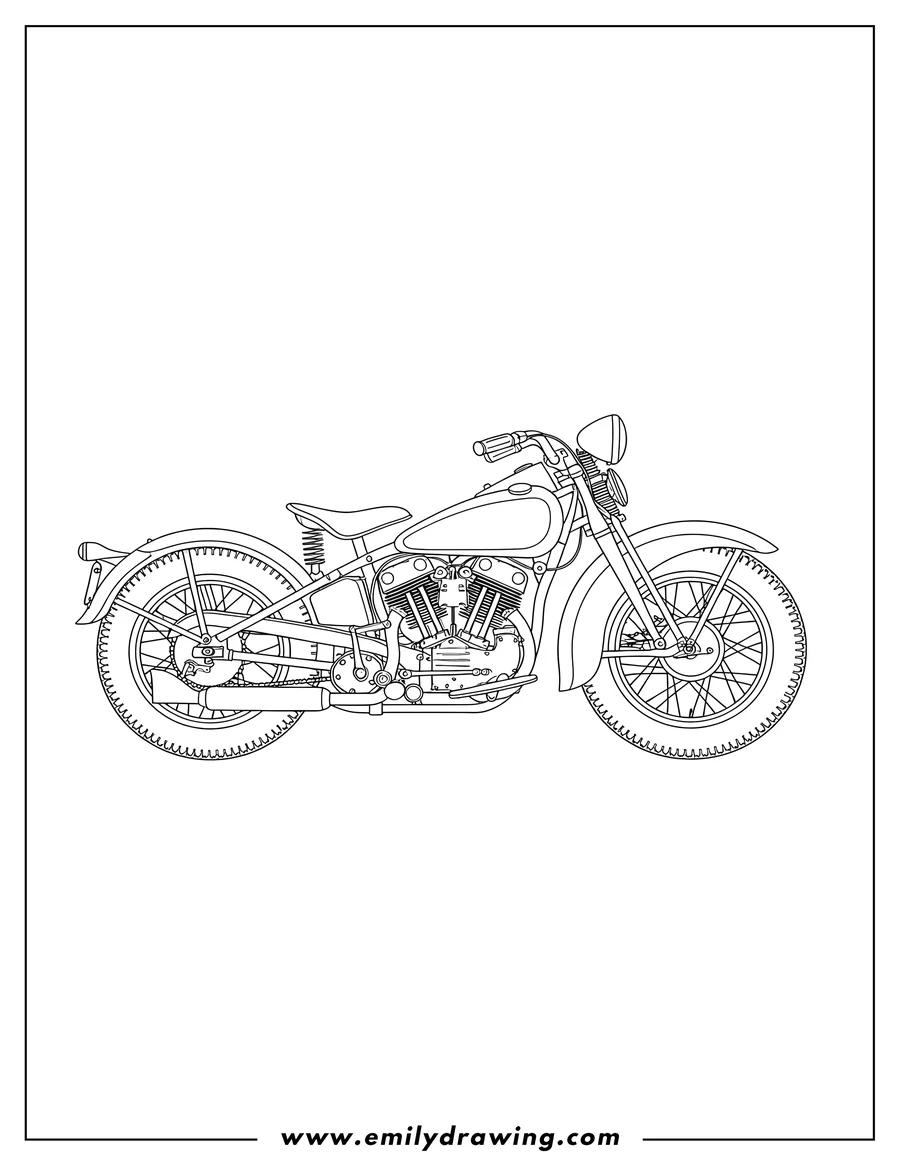 Free printable coloring sheet of detailed classic Harley Davidson WLA motorcycle outline, side view