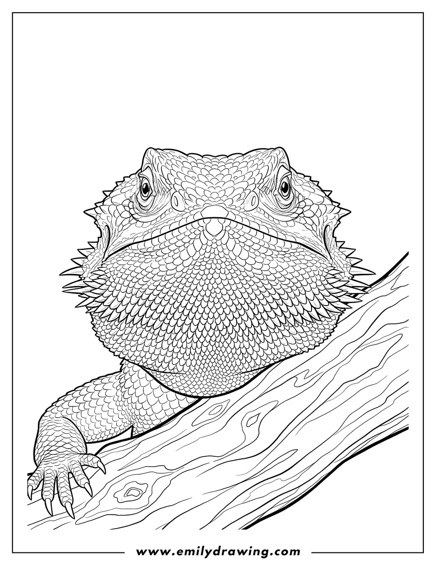 Coloring page for kids: detailed Close Up Bearded Dragon Face on a branch, with spiky scales