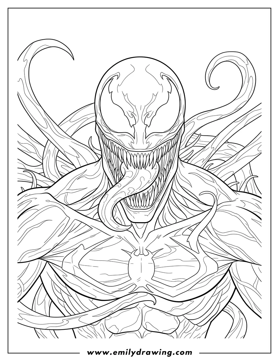 Vector style outline of detailed Close Up Carnage, with sharp teeth and spiky tendrils