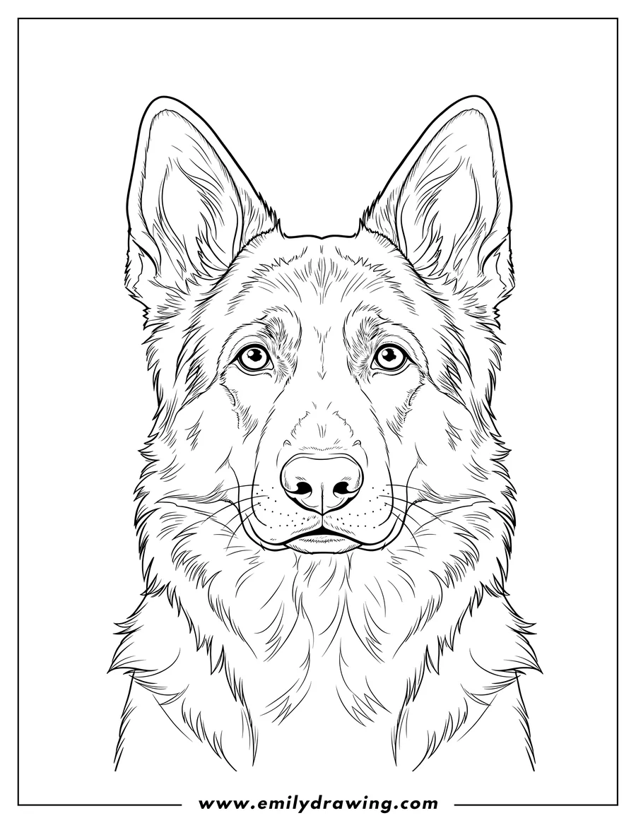 Coloring page of close Up German Shepherd, facing forward, with perked ears, coloring page