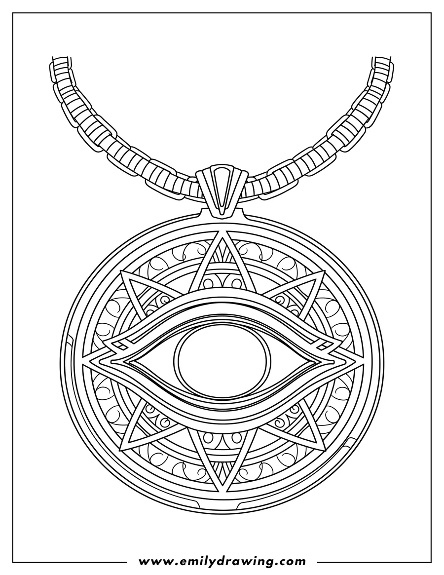 Linear illustration of closed Eye of Agamotto Amulet pendant on a ribbed chain