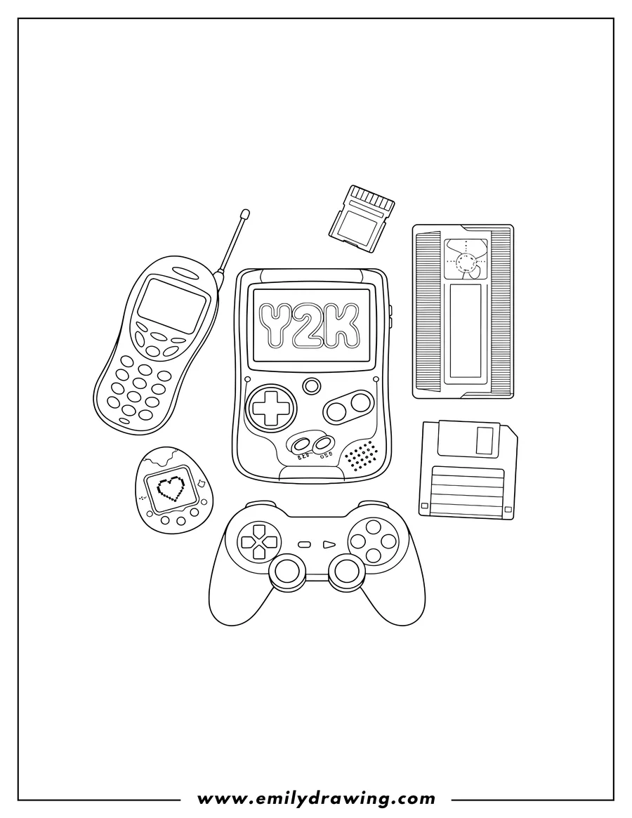 Free printable coloring sheet of A collection of Y2K tech including a video game controller, keypad phone, memory card, Tamagotchi, VHS tape, floppy disk, and handheld game console