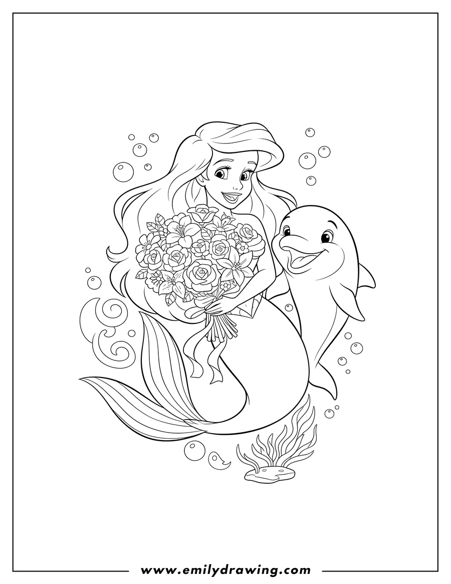 Coloring page for kids: ariel the mermaid smiling with a dolphin from The Little Mermaid, holding a bouquet of flowers