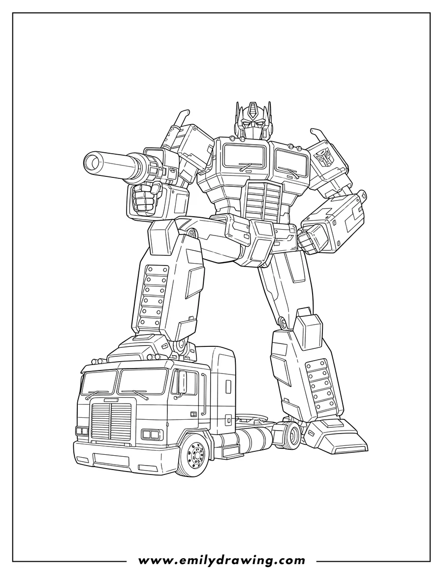 Outline drawing of autobot Optimus Prime in robot mode with one foot resting on his truck form