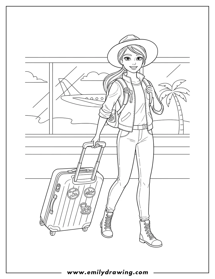 Coloring page for kids: barbie Traveler pulling a suitcase with a backpack