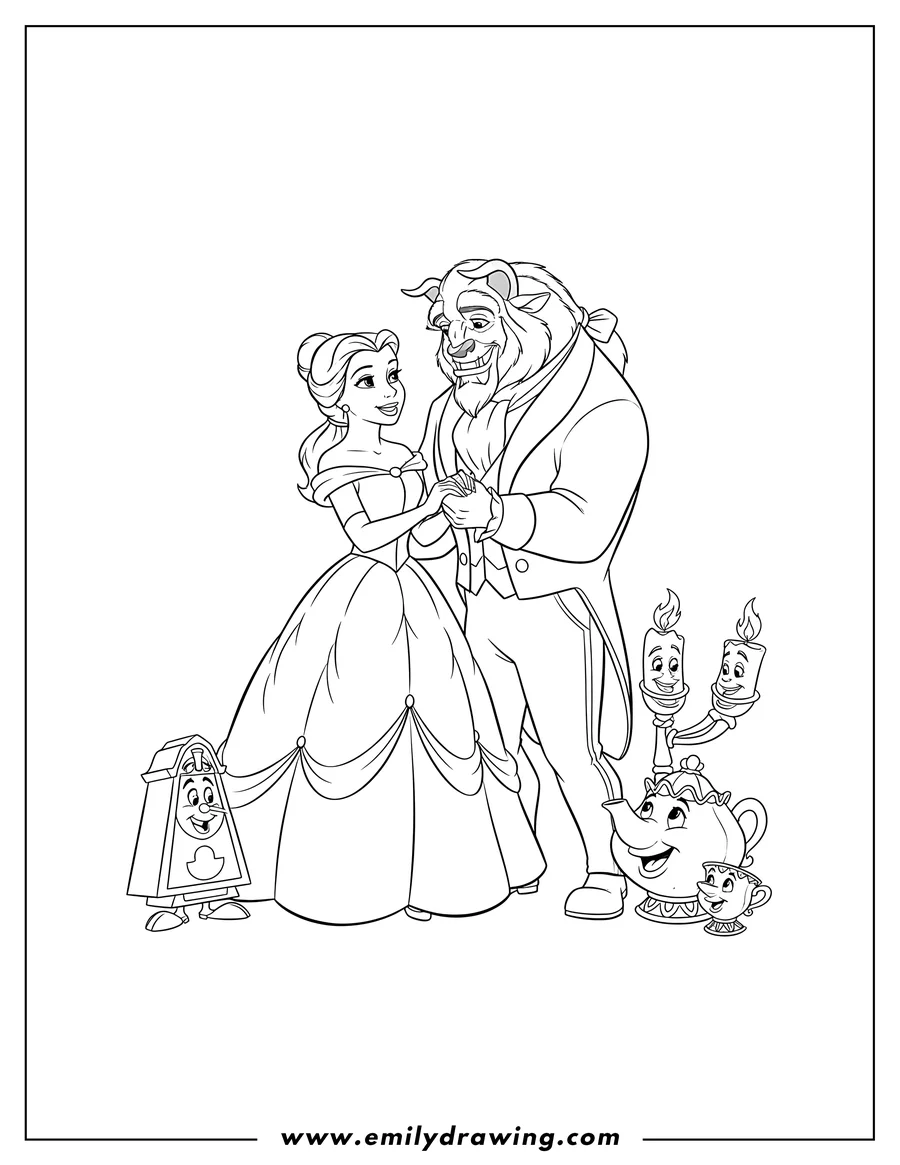 Full page coloring image of belle and Beast gazing at each other and holding hands, with smiling Cogsworth, Mrs. Potts, Chip, and Lumiere gathered around