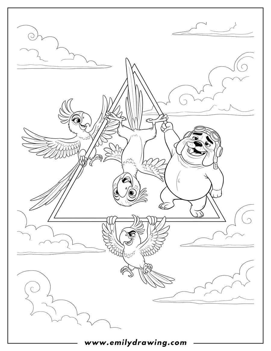 Printable line art of blue, Jewel, Luiz, and Nigel hanging from a triangular frame in the sky