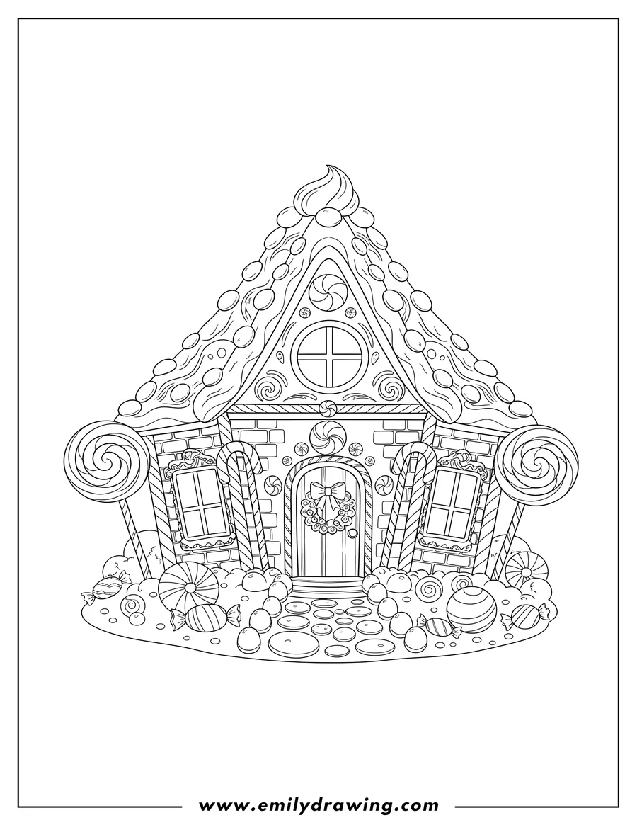 Simple sketch of candy Gingerbread House with lollipops, candy canes, and a wreath to color