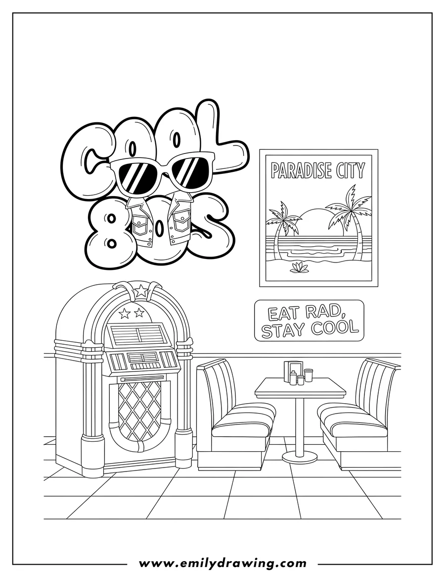 Coloring page of cool 80S Diner Interior With Jukebox, with a beach sunset poster and retro slogan
