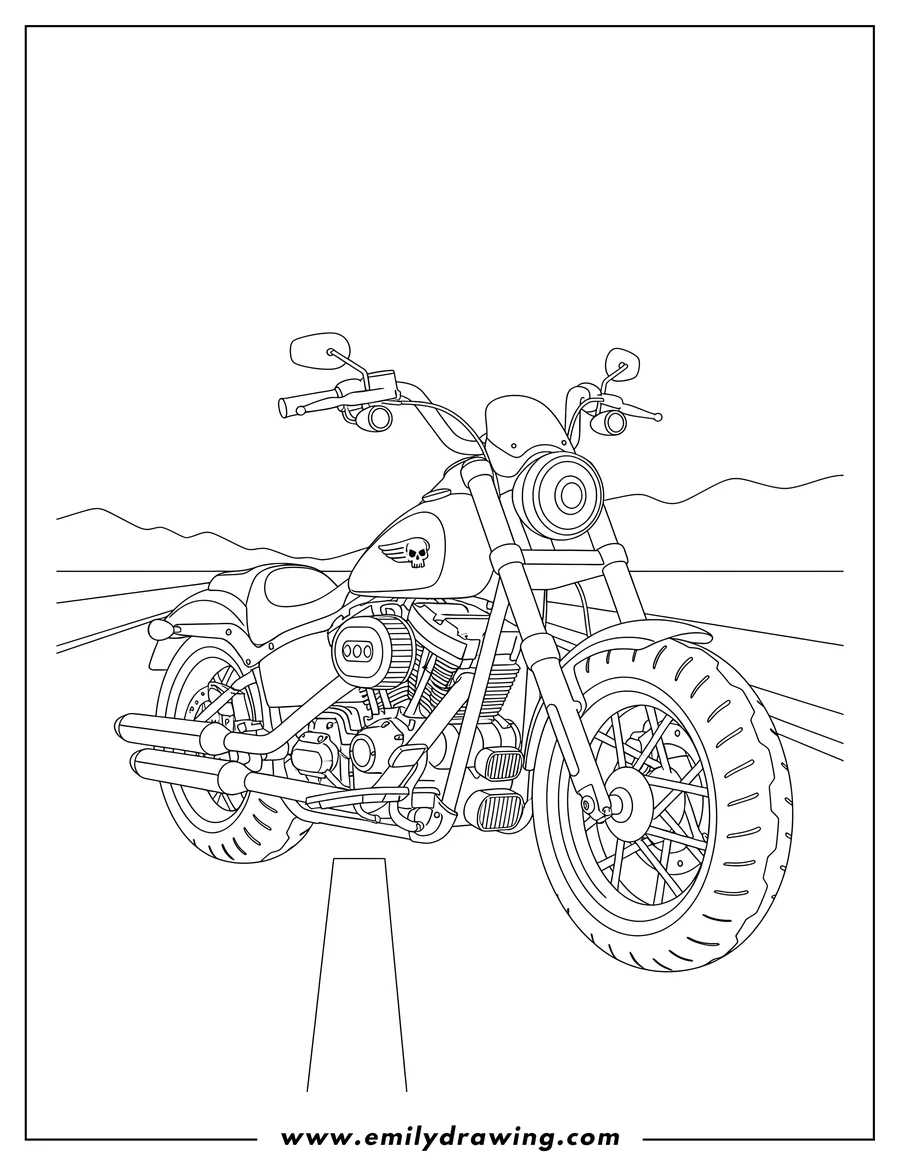 Linear illustration of cool Harley Davidson parked on a highway, viewed from the front side
