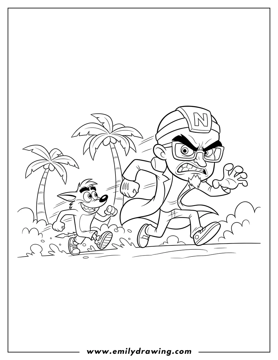 PDF style coloring page: doctor Neo Cortex reaching and angrily chasing a grinning, running Crash Bandicoot