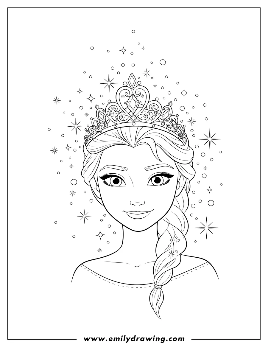 Full page coloring image of elsa tiara with sparkles