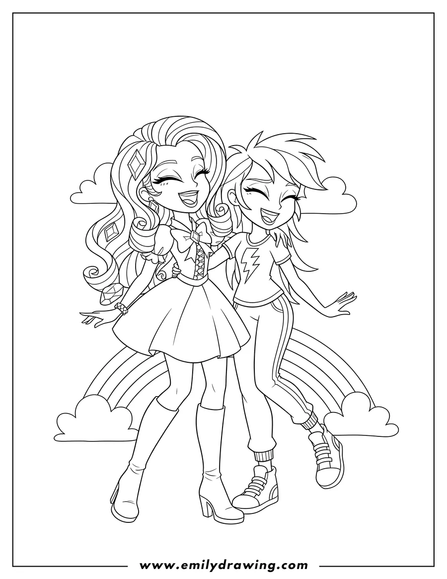 Simple sketch of equestria Girls Rarity and Rainbow Dash smiling and laughing together to color